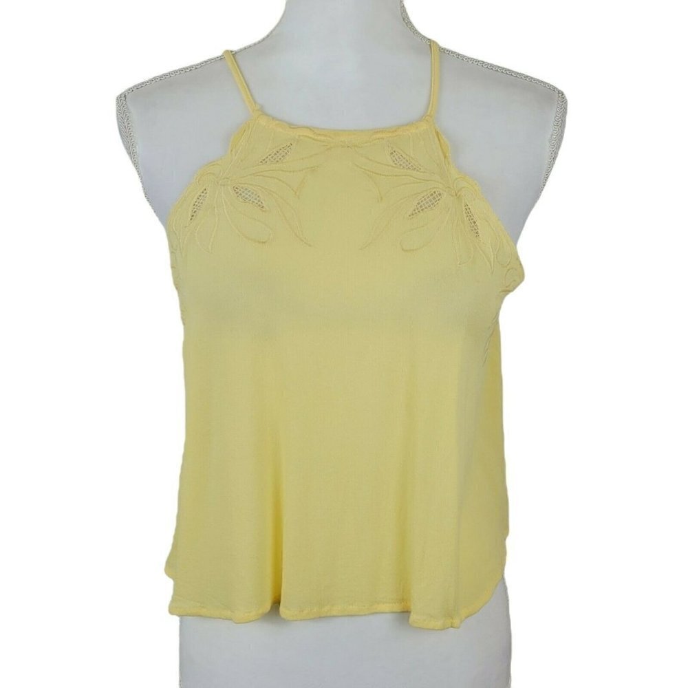 Kendall & Kylie Yellow Cropped Halter Tank Top Embroidered Small Casual Summer
